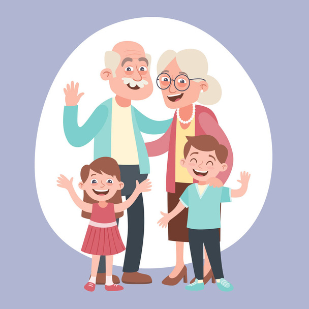 Mutlu dedesi ve iki küçük torun portre. Mutlu Büyükbaba ve Büyükanneler Günü kavramı. Vektör çizim karikatür tarzı.  - Vektör, Görsel
