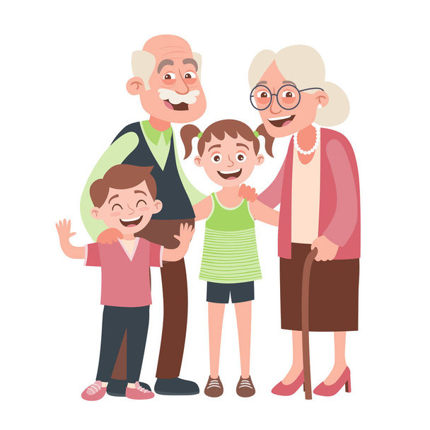 Retrato de avós, avós e netos. Conceito feliz do dia dos avós. Ilustração vetorial em estilo cartoon, isolado sobre fundo branco
.  - Vetor, Imagem