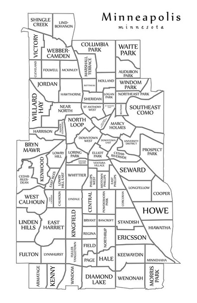 moderner Stadtplan - Minneapolis Minnesota Stadt der USA mit Stadtvierteln und Titeln Umrisskarte - Vektor, Bild