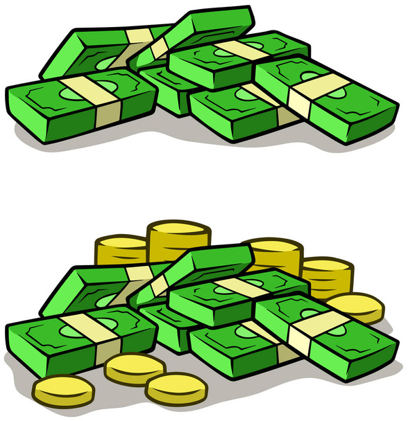 Γελοιογραφία χρήματα στοίβα σωρούς από μετρητά και κέρματα ευρώ - Διάνυσμα, εικόνα