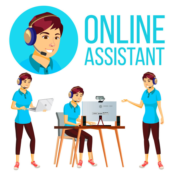Online Assistant aasialainen nainen vektori. Käyttäjätukipalvelu. Vihjelinjan operaattori. Tasainen kuva
 - Vektori, kuva