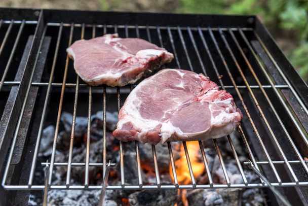 Raw T-bone chop of pork on the grill of barbecue - Foto, afbeelding