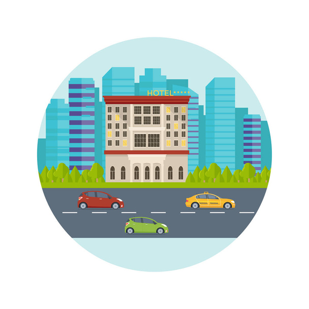 Expensive luxury hotel in the city, flat vector illustration motel building on street road with cars, town landscape, front view cityscape. Travel and tourism concept. - Vector, Imagen