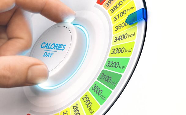 Man een calorie-knop draaien om dagelijkse inname niveau te verhogen. Hoge calorieën dieet concept, samengestelde afbeelding tussen een hand-fotografie en een 3d-achtergrond. - Foto, afbeelding