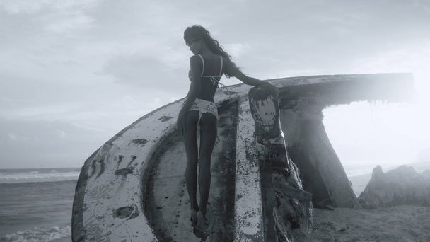 Красива дівчина позує на корабельній аварії на піщаному пляжі під час дивовижного заходу сонця чорно-біле фото
 - Фото, зображення