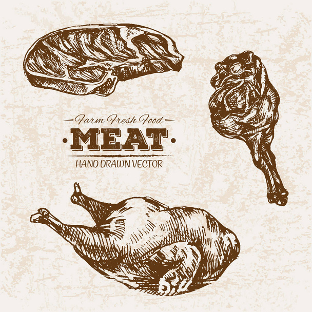 Набор мясных изделий ручной работы, свежие сельскохозяйственные продукты, черно-белые винтажные иллюстрации
 - Вектор,изображение