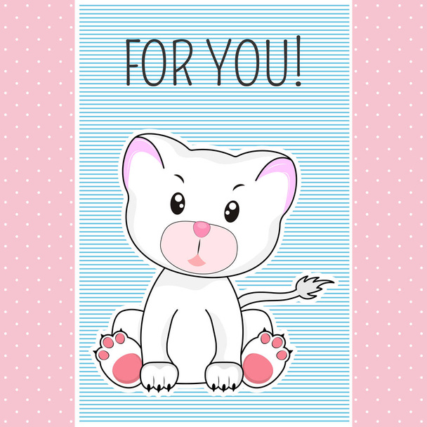 Hand drawn greeting card of a cute funny kitty. Isolated objects on blue background. Design concept - Vektor, kép