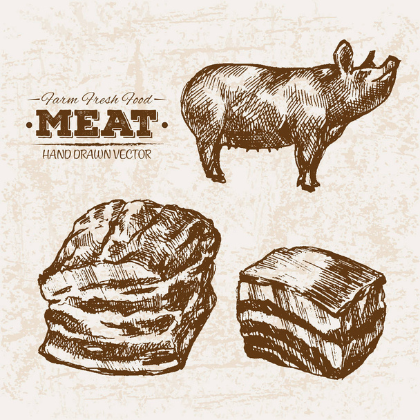 Το χέρι συντάσσονται σκίτσο χοιρινό κρέας και ζαμπόν σύνολο προϊόντων κρέατος, αγρόκτημα νωπά τρόφιμα, μαύρο και άσπρο vintage εικονογράφηση - Διάνυσμα, εικόνα