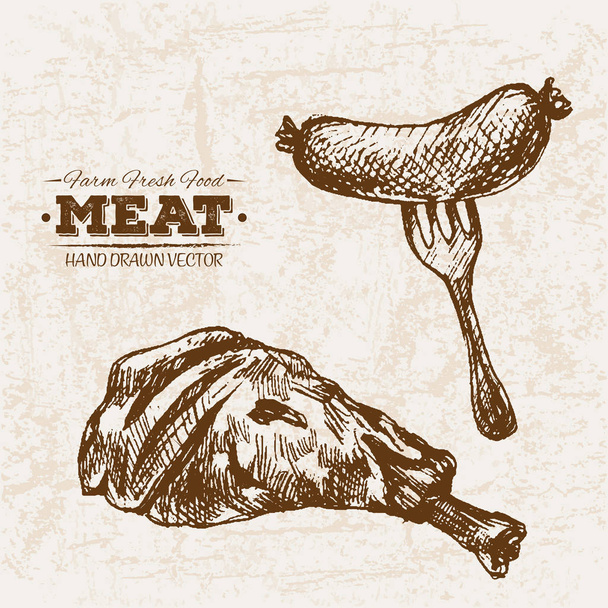 handgezeichnete Skizze Fleischwurst-Produkte-Set, Bauernhof-Frische-Lebensmittel, Schwarz-Weiß-Vintage-Illustration - Vektor, Bild