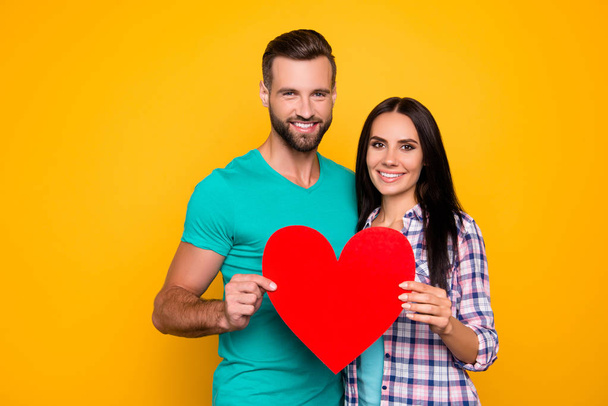 Portrait of lovely attractive couple holding big carton paper heart figure in hands looking at camera isolated on bright yellow background. Trust support understanding idyllic concept - 写真・画像