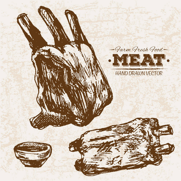 Ręka szkic ciągnione żebra mięsa produkty zestaw, gospodarstwa świeże jedzenie, czarno-biały ilustracja vintage - Wektor, obraz