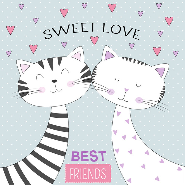 Lovely two cats with text sweet love on blue background. Kids graphics for t-shirts. Greeting card. - Vektor, Bild