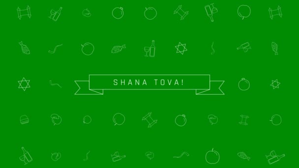 Rosh Hashaná vacaciones plano de diseño de fondo de animación con símbolos de iconos esquema tradicionales con texto en Inglés "Shana Tova" que significa "Que tengas un buen año". bucle con canal alfa
. - Metraje, vídeo