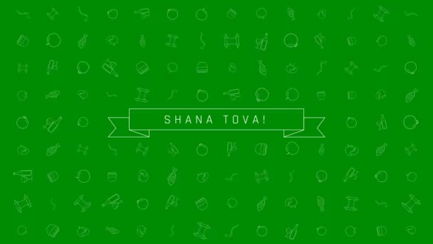 Rosh Hashanah holiday flat design animation background with traditional outline icon symbols with text in english "Shana Tova" meaning "Have a good year". loop with alpha channel. - Footage, Video