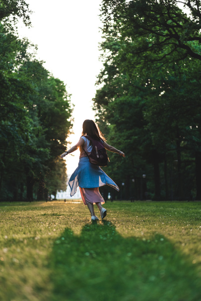 zadní pohled na mladou ženu s širokou náručí baví v parku  - Fotografie, Obrázek