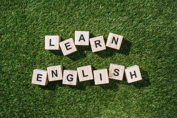 pohled shora učit anglicky nápis z dřevěných bloků na zelené trávě - Fotografie, Obrázek