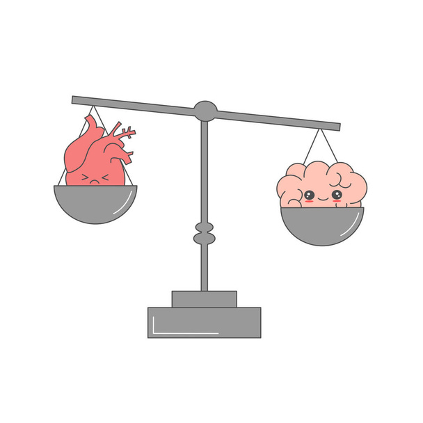 cute cartoon vector heart and brain on scales funny concept illustration - Vector, Image