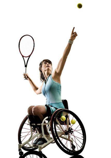 young handicapped tennis player woman welchair sport isolated si - Foto, afbeelding