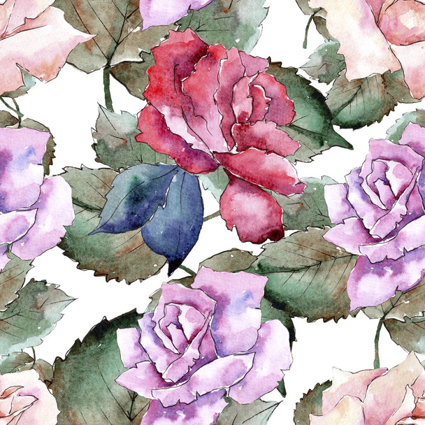 Tender pink roses. Floral botanical flower. Seamless background pattern. Fabric wallpaper print texture. Aquarelle wildflower for background, texture, wrapper pattern, frame or border. - Foto, afbeelding