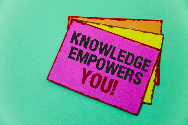 Writing note showing  Knowledge Empowers You Call. Business photo showcasing Education responsible to achieve your success Ideas message communicate feelings thought reflection green background - Photo, Image
