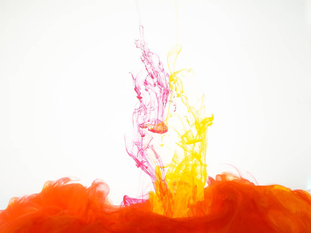 Colourful explosion of acrylic ink isolated on white background. Cloud of silky ink in liquid, an abstrast banner. Amazing abstract background. Movement of acrylic swirl, an abstract banner. - Photo, Image