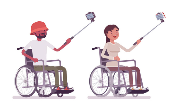 Erkek ve kadın genç tekerlekli sandalye kullanıcısı selfie alarak - Vektör, Görsel