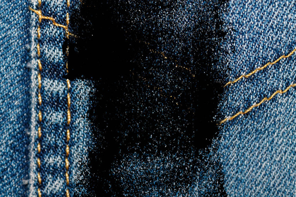 Grunge dirty Closeup of obsolete blue jeans pocket Denim texture, macro background for web site or mobile devices - Photo, Image