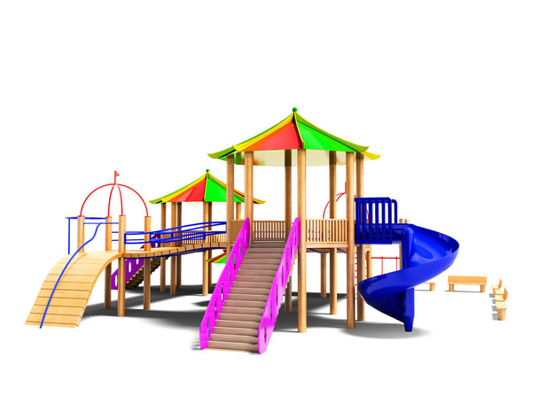 Moderní komplex dřevěné hřiště pro děti s snímky a lanovky 3d render na bílém pozadí se stínem - Fotografie, Obrázek