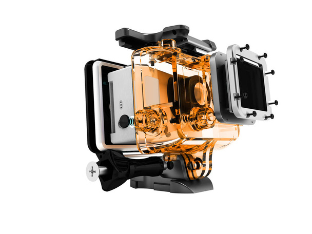 Moderni oranssi kamera äärimmäiseen rentoutumiseen purettu 3D tehdä valkoisella taustalla ei varjoa
 - Valokuva, kuva