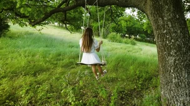 Vrouwtje met lange haren in een witte jurk swingen op een schommel onder een zomer eiken boom in het warme seizoen. Slow motion. - Video