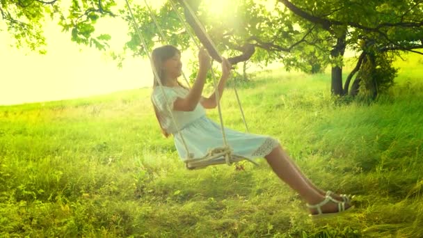 Krásná dívka s dlouhými vlasy v bílých šatech houpe na houpačce v zářivě zlaté slunce a úsměvy pod strom letní dub. Zpomalený pohyb. - Záběry, video