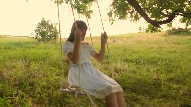 Beautiful girl with long hair smiling swaying on a swing. Slow motion. - Footage, Video