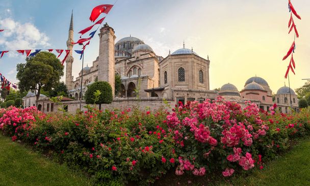Sehzade Camii ή το τέμενος του πρίγκιπα στο ηλιοβασίλεμα με λουλούδια, Κωνσταντινούπολη, Τουρκία - Φωτογραφία, εικόνα