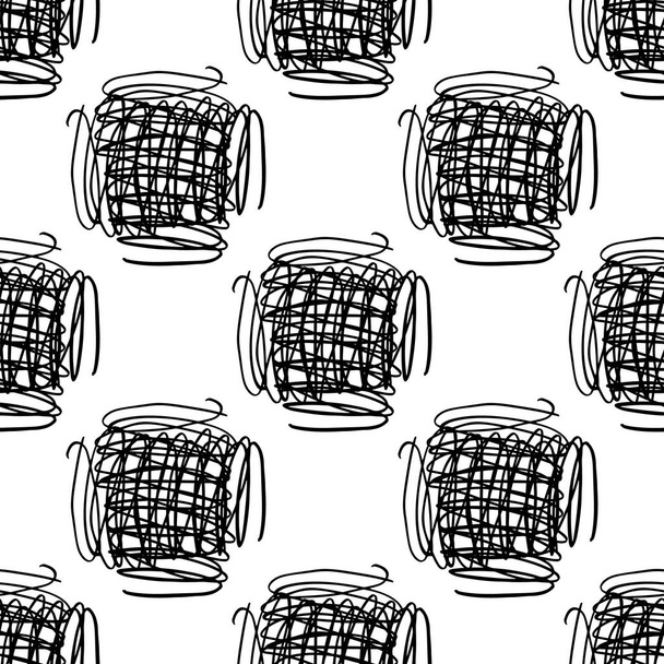 Vector seamless pattern with brush stripes and strokes. Black color on white background. Hand painted plaid texture. Ink geometric elements. Fashion modern style. Endless fabric check print. - Vecteur, image