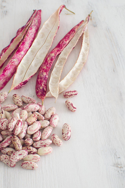 Fresh organic cranberry beans isolated Roman beans Kidney beans Country style Harvesting concept Local market Grocery store Vegetarian food Protein source White wooden background Copy space Top view - 写真・画像