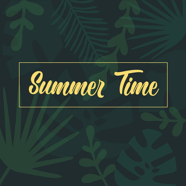 Texte de lettrage de l'heure d'été sur les feuilles tropicales de palmier
 - Vecteur, image