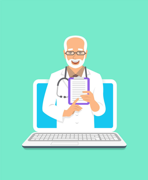 Online doctor concept. Medical internet consultation. Vector flat illustration. Healthcare consulting web service. Elderly man physician holds clipboard with treatment. Hospital support by computer - Vector, Image