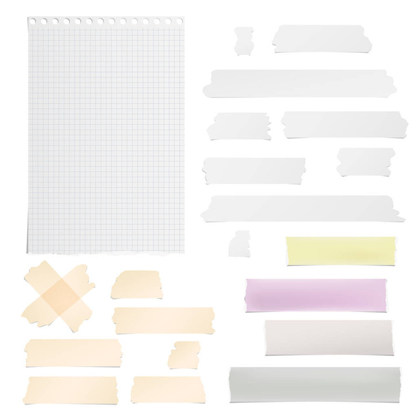 Brown and white adhesive, sticky, masking, duct tape strips with torn note, notebook paper for text on white background. Vector illustration. - ベクター画像