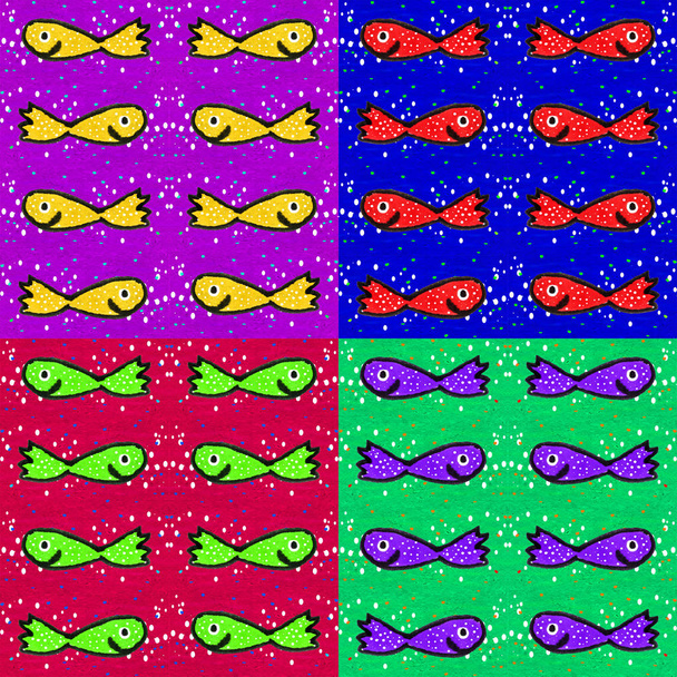 Marine life topic sketchy cartoon style seamless pattern illustration design in vivid mixed colors - Foto, Imagen