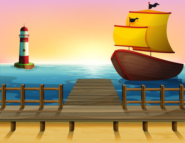 木製のボート港の夕日 - ベクター画像
