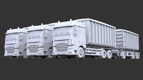 Великі білі вантажівки з окремими причепами для транспортування сільськогосподарських та будівельних сипучих матеріалів та продукції. 3D візуалізація
 - Фото, зображення