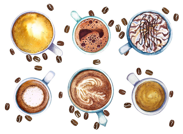 Aquarelltassen Kaffee, isoliert auf weißem Hintergrund mit Kaffeebohnen, Draufsicht. - Foto, Bild