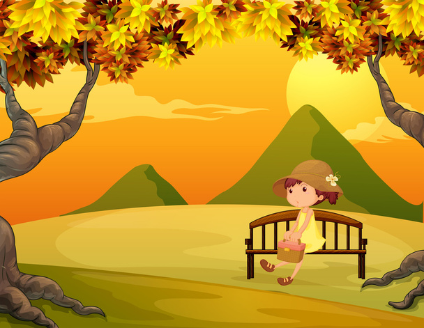 A girl at the bench in the park - Vector, Image