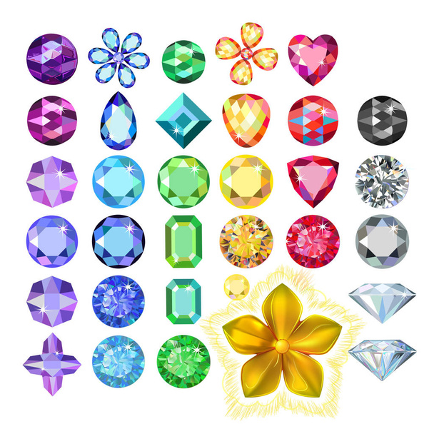 Set of colored gems, golden metal pattern flower isolated on white background, vector illustration - ベクター画像