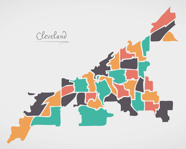 Κλίβελαντ του Οχάιο χάρτη με γειτονιές και τα σύγχρονα στρογγυλά σχήματα - Διάνυσμα, εικόνα