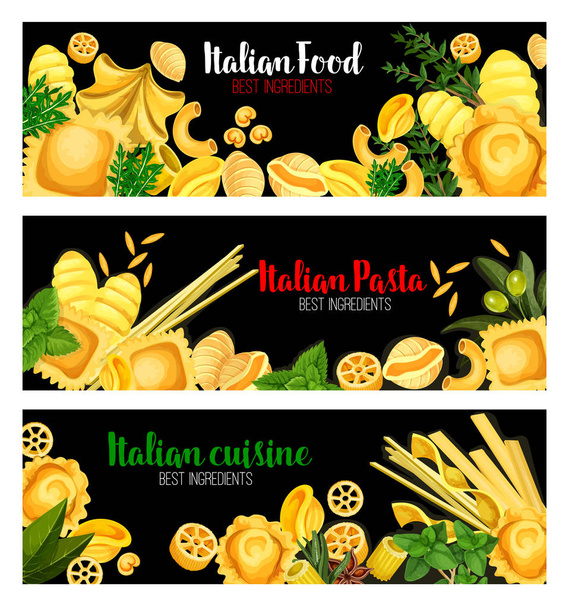 Pasta with herbs banner of Italian cuisine design - Vector, Image