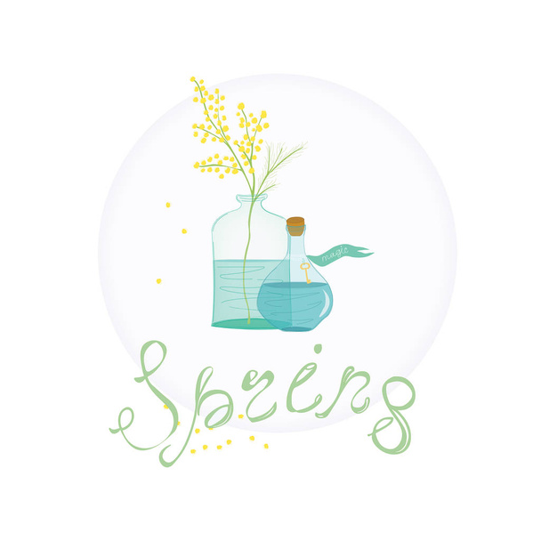 Magic spring. Still life with bouquet of Mimosa in bottle and magic potion. Spring mood illustration. Hand drawn. Flat style vector. - Vector, Image