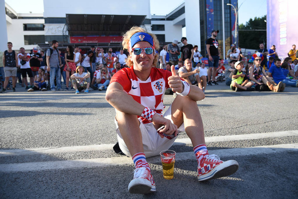 25 June 2018. Rostov-on-Don. Russia. Croatian man football fan supports the national team of Croatia at the World Cup. Before the game in Sochi. - Zdjęcie, obraz