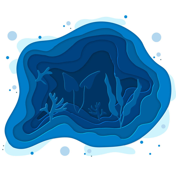 Векторная иллюстрация морского дна с волнами. Вектор глубокого разреза бумаги. Глубоко синяя морская жизнь, концепция дайвинга. Дикая природа океана
 - Вектор,изображение