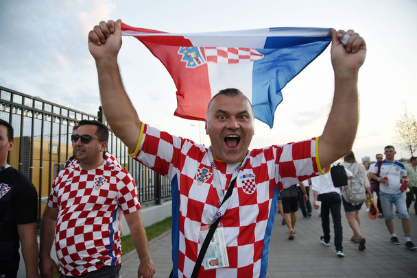 25 June 2018. Rostov-on-Don. Russia. Croatian man football fan supports the national team of Croatia at the World Cup. Before the game in Sochi. - Фото, зображення